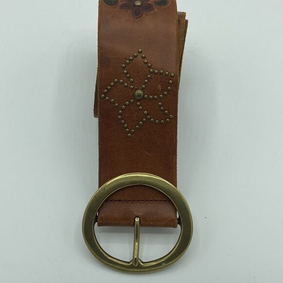 Express Womens Tooled Perforated Genuine Leather Belt Studded Floral Large Boho - Picture 4 of 6